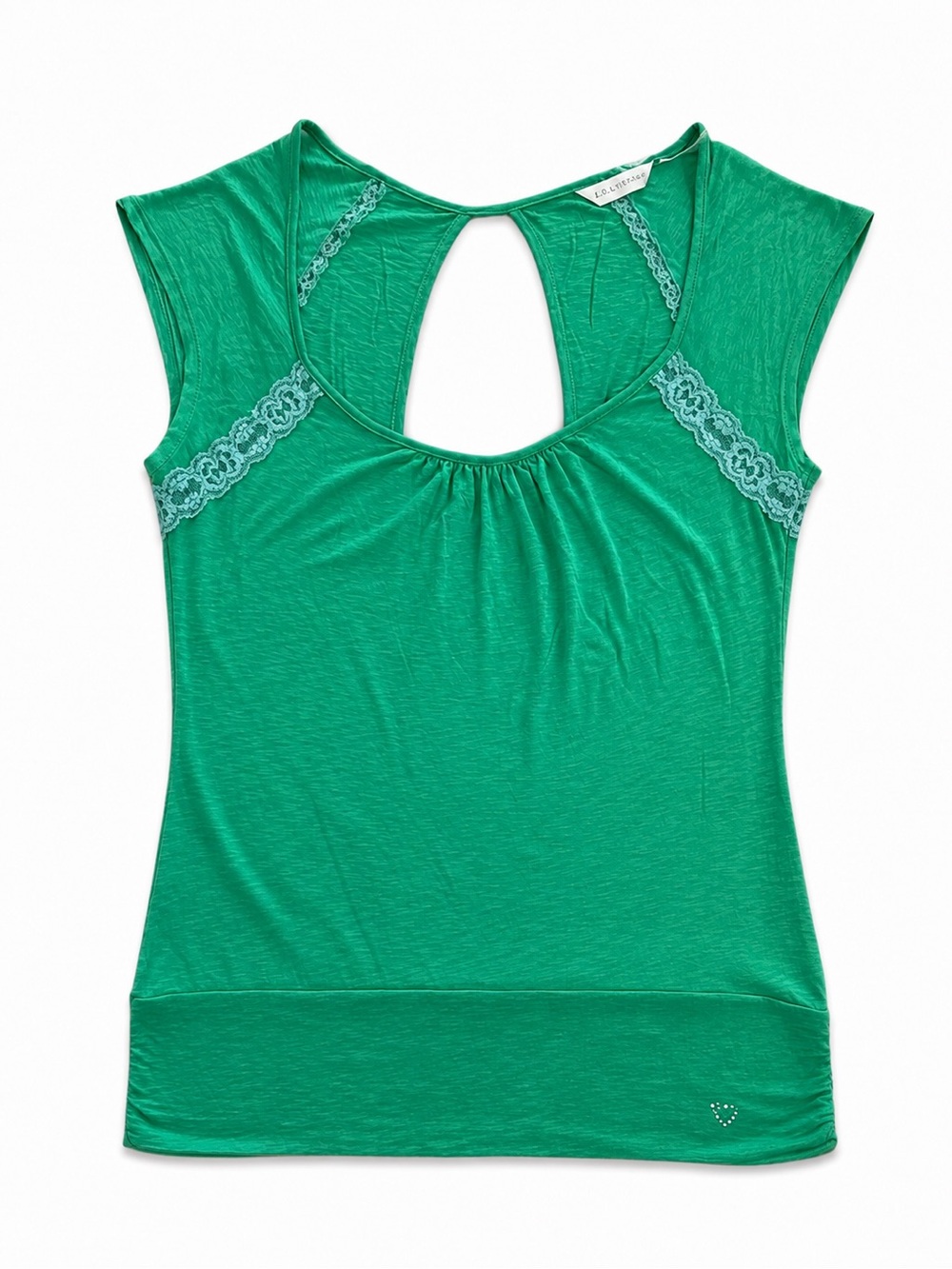 GUESS JEANS Y2K LACE TRIM TOP WOMENS MEDIUM GREEN OPEN BACK RHINESTONE FAIRYCORE